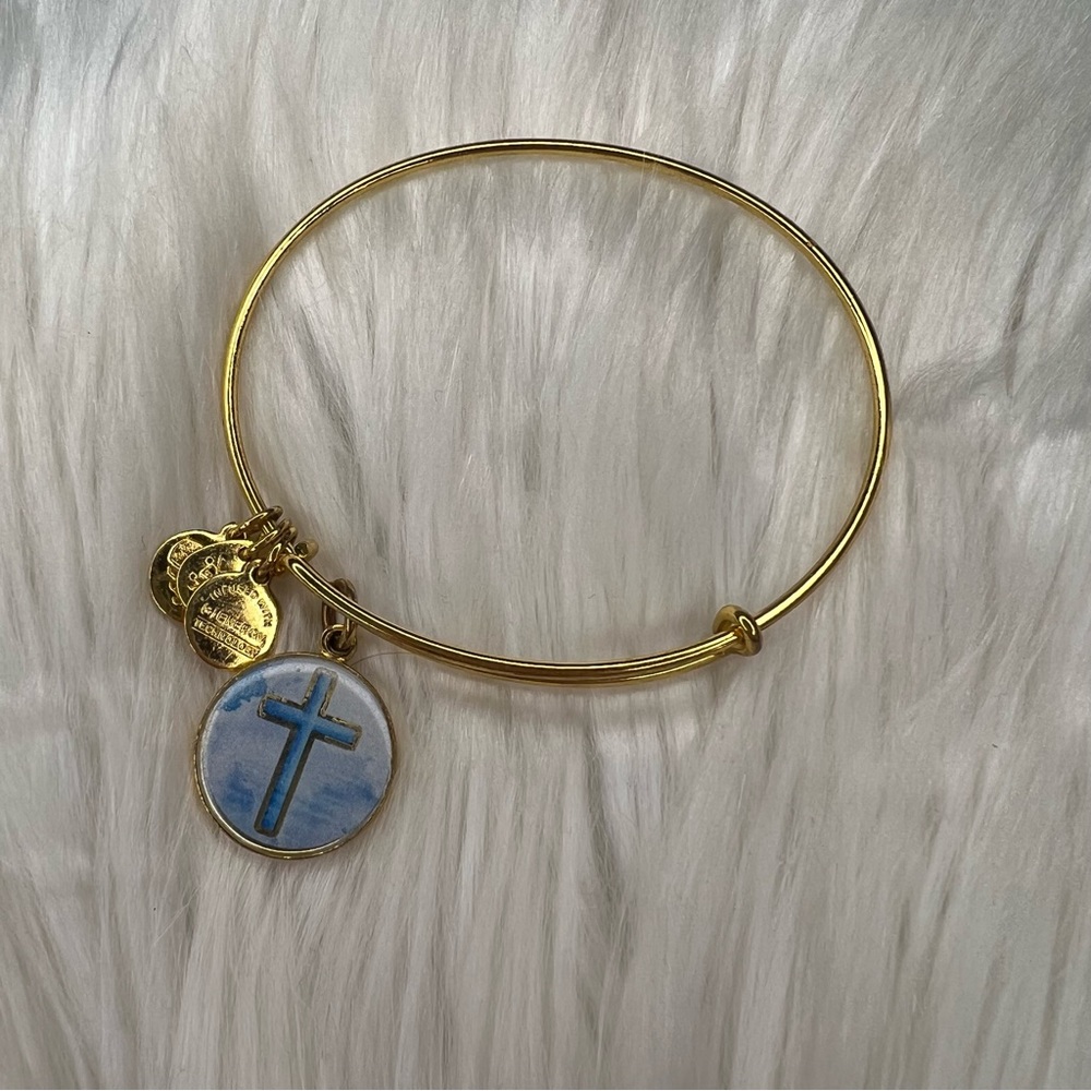 Alex and Ani Shiny Gold and Blue Sky Cross Resin Charm Bangle Bracelet
